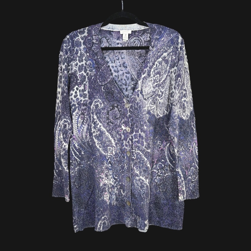 Chicos Purple Paisley Animal Print Metallic Knit Button Front Cardigan Sweater 2